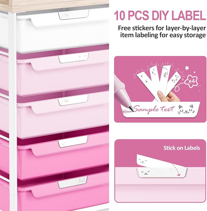 10 Drawers Rolling Cart with Wooden Tabletop, Utility Storage Cart with Wheels, Art Supply Craft Organizer on Wheel with Metal Frame & Handles for Home Office School,Pink | Easy Setup, Large Capacity, Sturdy Build, Lockable Mobility, For office, classr...