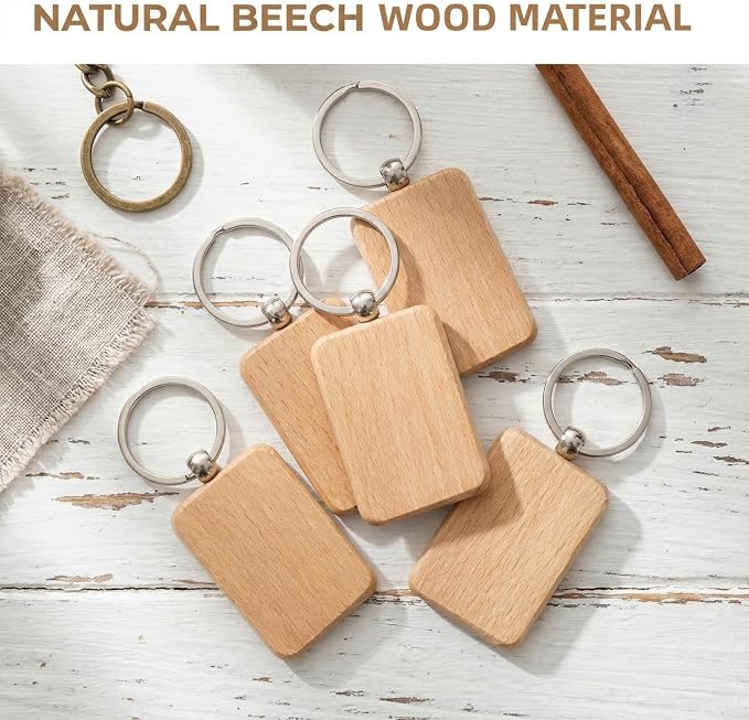 WRINGKIT 50 Pieces Wood Keychain Blank, Rectangular | Unfinished Laser Engraving Blanks with Key Rings, Keychain Ring Tag Wood Sign Bulk for DIY Crafts, Pet Gift Tags