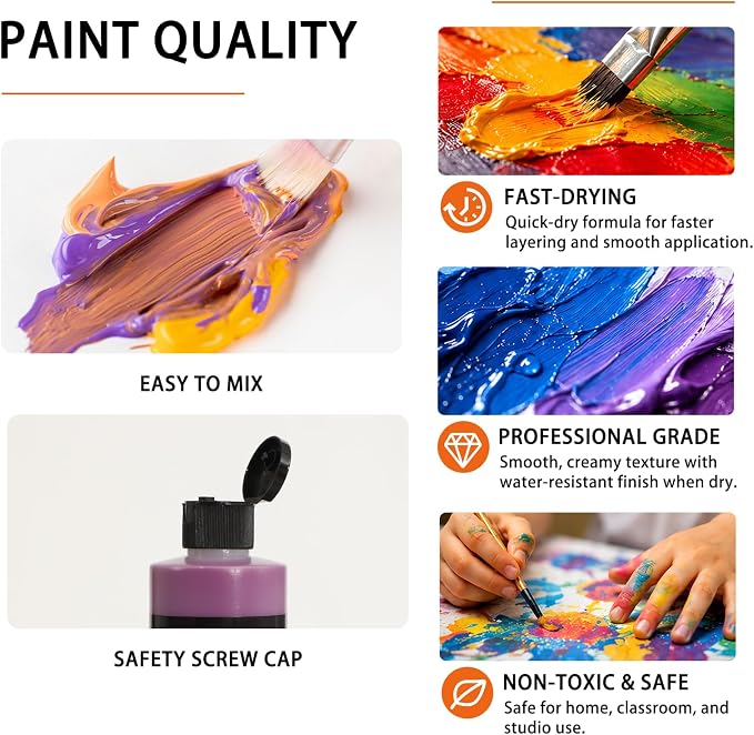 DJAR 18 Colors Acrylic Paint Set for Artists Beginners, 2 fl oz/250ml | Rich Pigments Colors Painting Supplies, Waterproof & Fast Dry, Works on Canvas, Rocks, Wood, Ceramic & Fabric, Safe Non-Toxic