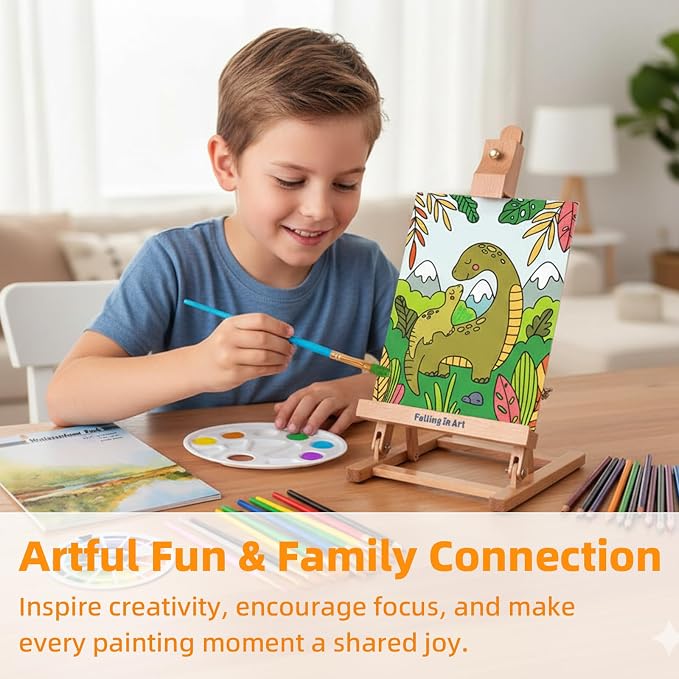 Falling in Art Kids Tabletop Easel Set, Portable Art Easel Painting Kits | 52 Pcs Wooden Easel for Painting Canvases, Including 12 Colors Acrylic Paints, 10 Paintbrushes and 4 Canvas Panels, Yellow