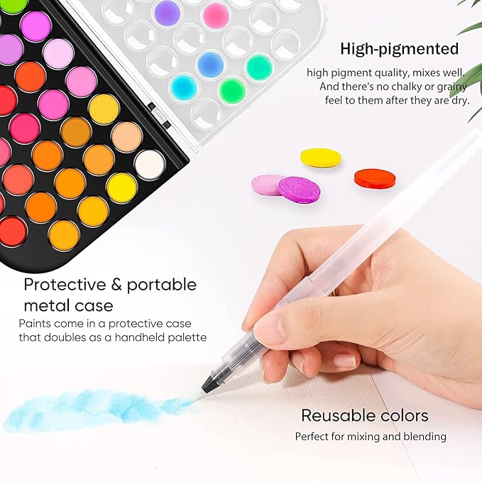 Watercolor Paint Set, 48 Colors Non-Toxic Watercolor Paint with a Brush, Refillable Water Brush Pen and Palette, Washable Water Color Paints Sets for Kids, Adults, and Artists