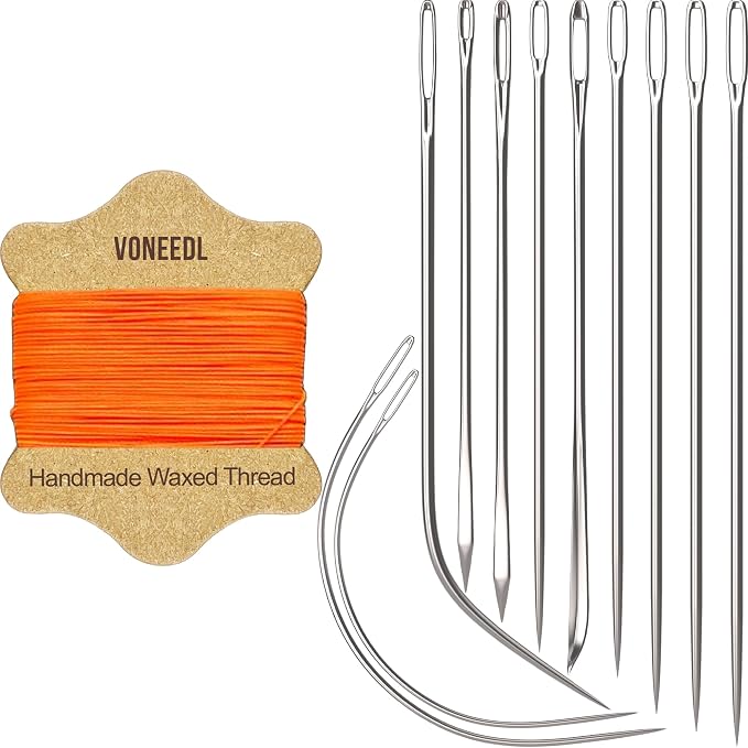 Upholstery Repair Kit: Waxed Sewing Thread (Orange Color) & Heavy Duty Needles (11 PCS) for Leather, Canvas & Quilting Thread