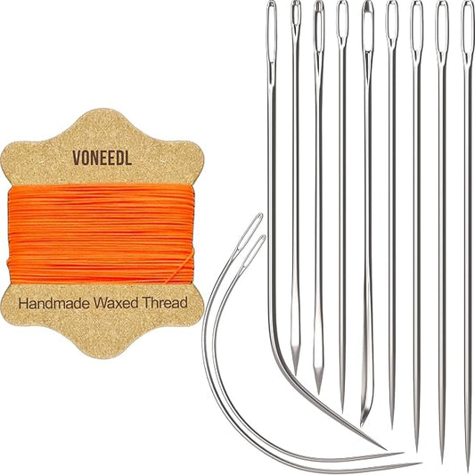 Upholstery Repair Kit: Waxed Sewing Thread (Orange Color) & Heavy Duty Needles (11 PCS) for Leather, Canvas & Quilting Thread