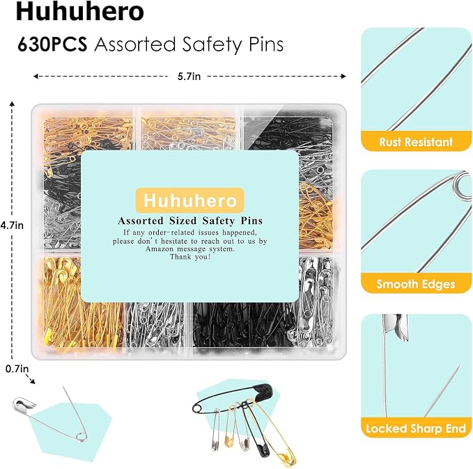 630 Pack Safety Pins Assorted, 5 Assorted Large Small Sizes, 3 Colors