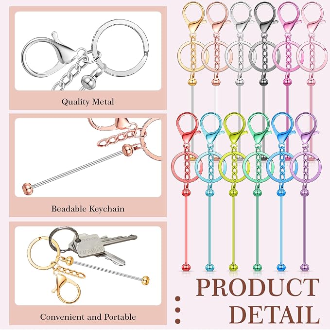 Tondiamo 12 Pcs Beadable Keychains Bars Bulk Blank Beaded Metal Keychain for Craft DIY Gift