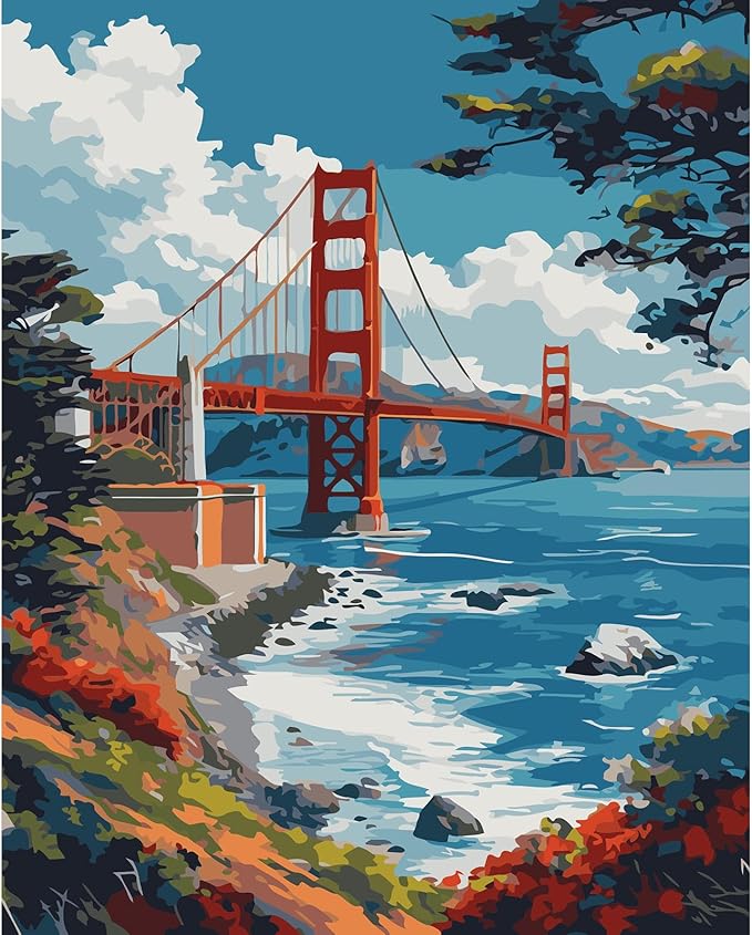 Paint by Numbers Kit for Adults Beginner 16x20 Inch, Golden Gate Bridge | DIY Acrylic Painting by Numbers San Francisco Scenery, Without Frame Canvas, Stress Relief Craft Kits, For Home Decor Gift