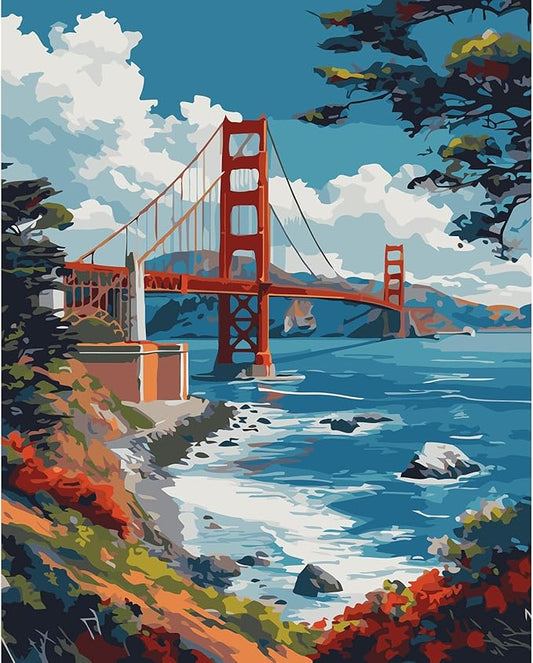 Paint by Numbers Kit for Adults Beginner 16x20 Inch, Golden Gate Bridge | DIY Acrylic Painting by Numbers San Francisco Scenery, Without Frame Canvas, Stress Relief Craft Kits, For Home Decor Gift