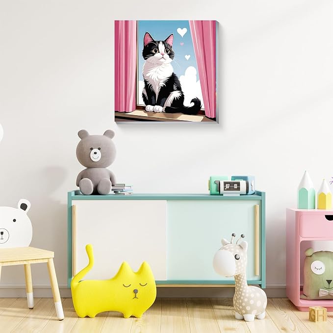 Cat Paint by Numbers Kit for Kids with Frame - Cute Cat Paint by Number for Kids, Cats Kid Painting by Number Kits Age 6-8 for Home Wall Decor 8X8inch (with Wooden Easel)