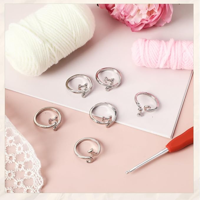 6Pcs Knitting Crochet Tension Ring for Fingers with Box | Metal Open Crochet Ring, Adjusts for Finger Tension, Speeds Up Braided Knitting Work, Ideal Gifts for Mom Grandma Crocheters