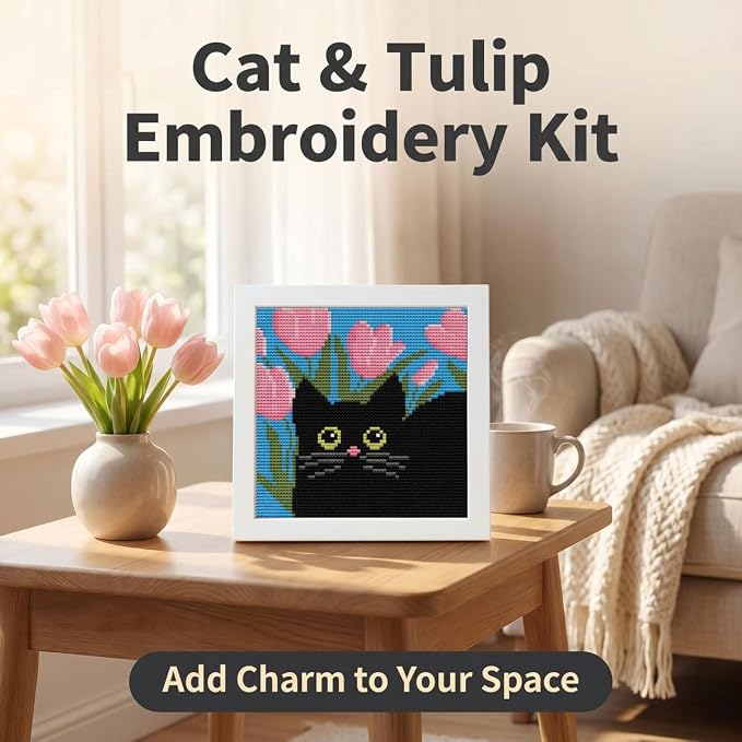 Black Cat Stamped Cross Stitch Kits for Beginners Adults with Framed | Flower Needlepoint Counted Cross Stitch Kits for Beginners Adults with Framed Embroidery Kits Arts and Crafts 6 x 6 inch
