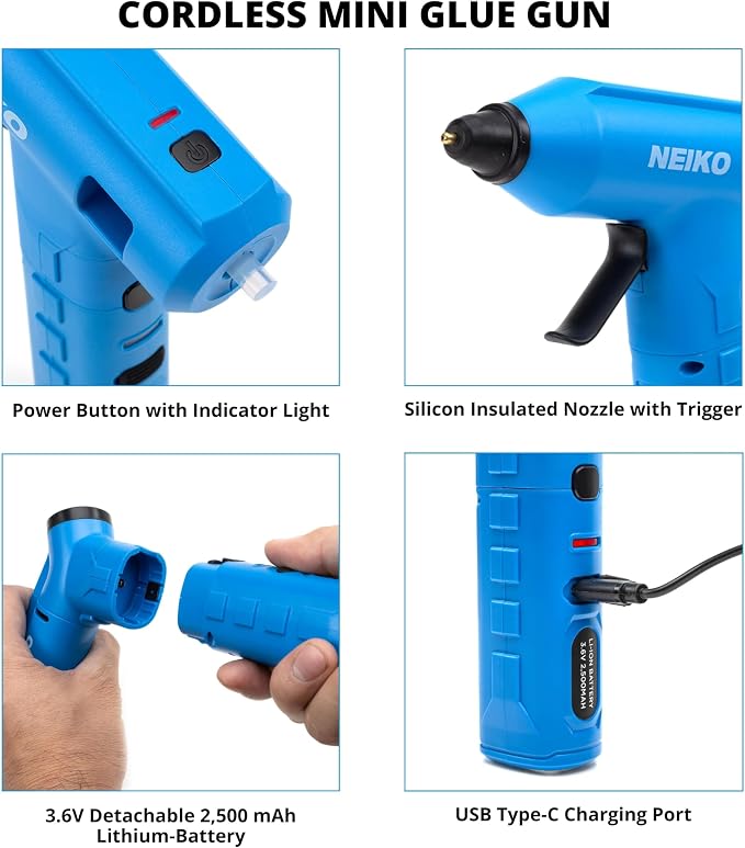 NEIKO 10582A Cordless Glue Gun, 20W Rechargeable Hot Glue Gun, 20 Glue Sticks Included, Wireless Anti Drip Nozzle Mini Glue Gun for Arts and Crafts, Mini USB Charging Port, Insulated Nozzle