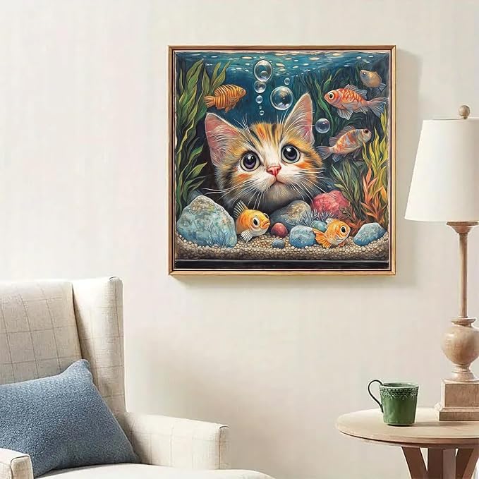Curious Cat & Goldfish Diamond Art Kits for Adults,Diamond Painting Kit for Beginners, Round 5D DIY Dimond art,Full Drill Painting Kit Art and Crafts for Adults Home Wall Decor【13.8x13.8inch】