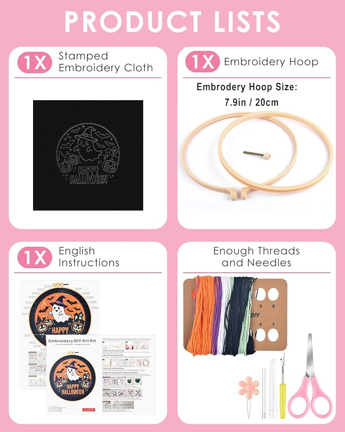 TINDTOP Halloween Embroidery Kit for Adult, Embroidery DIY Starter Kit, with Stamped Patterns, Hoop, Tools, Colorful Threads with Needles, Instructions (Halloween B)