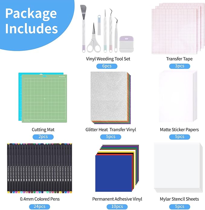All-in-One Crafting Accessories Starter Kit — Cutting Machine Tools & Supplies Bundle with Weeding Tools, Permanent Adhesive Vinyl, Glitter HTV, Cutting Mats, Transfer Tape, Marker Pens & Stencils