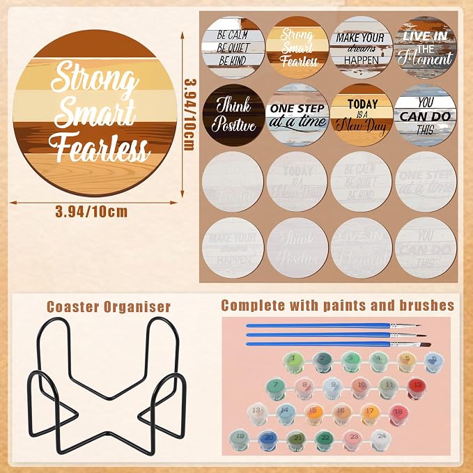 Reallnaive 8 Pcs Inspirational Paint by Number Kit for Adult Wooden Coaster | Mini Paint by Numbers, Farmhouse Motivational Round Oil Painting Drink Coaster with Holder, for Small DIY Craft Birthday Gift