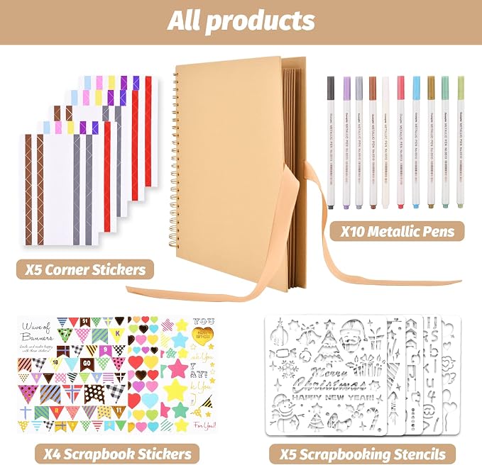 GOTIDEAL 12 x 12 Inch Scrapbook Album with 10 Metallic Markers, Yellow | 80 Pages Craft Paper Photo Album for Wedding and Anniversary, Family DIY Photo Album with Scrapbooking Stickers Corners