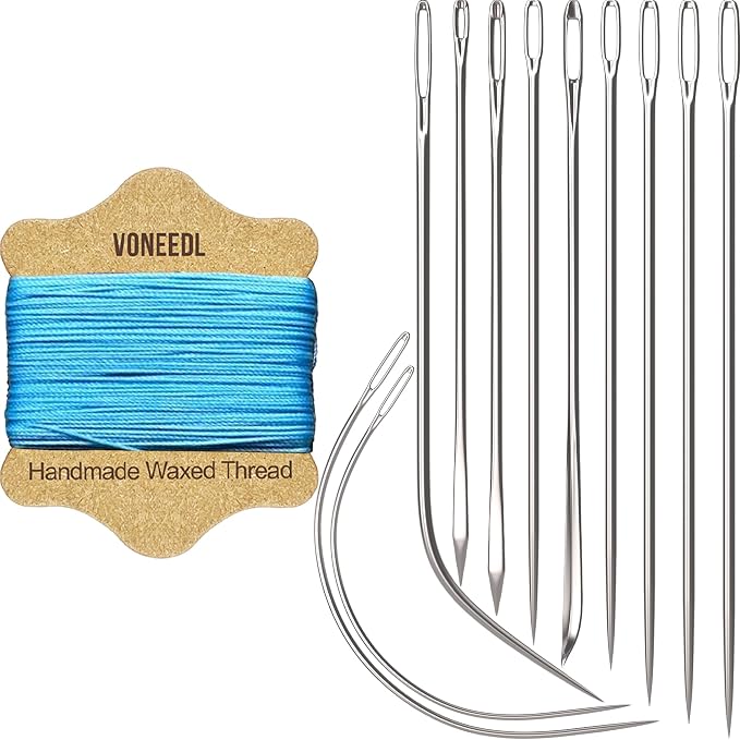 VONEEDL Upholstery Repair Kit: Waxed Sewing Thread (Light Blue Color) & Heavy Duty Needles (11 PCS) for Leather, Canvas & Quilting Thread