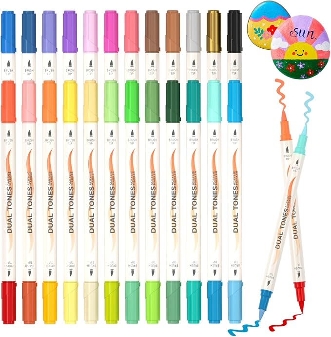 Shuttle Art 48 Colors Dual Tone Acrylic Paint Markers, 24 Pack Acrylic Paint Pens Set for Rock Painting, Ceramic, Wood, Canvas, Glass, Stone, Fabric, Card Making, DIY Football Crafts