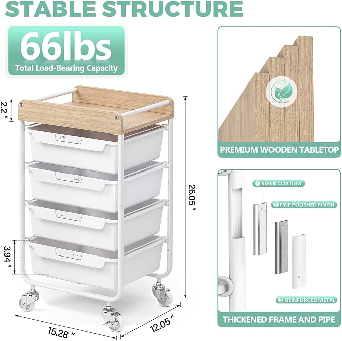 SYKIARIOL Rolling Craft Storage Cart with 4 Drawers,Kids Art Cart,White | Utility Cart with Drawers,Art Craft Organizers and Storage,Kids Craft Cart With DIY Lable and Wooden Tabletop Area