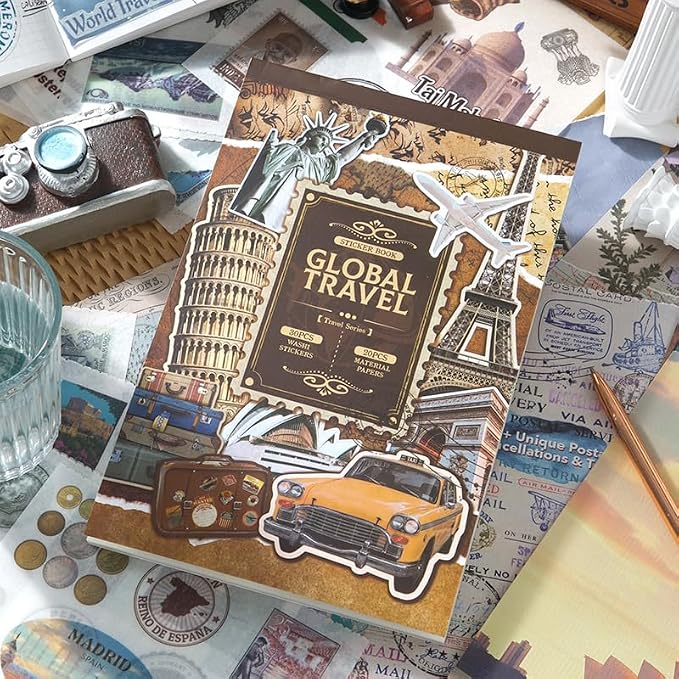 Prstincol Vintage Aesthetic Washi Stickers and Papers for Scrapbooking, 50 Sheets Ephemera Book for Art Journaling with Retro Global Travel Theme Stickers and Decoupage Papers for Junk Journal