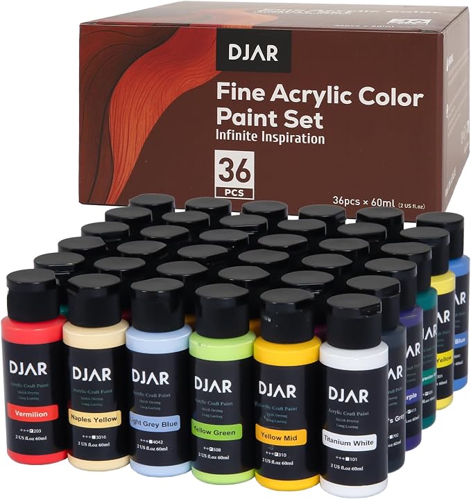 DJAR 36 Colors Acrylic Paint Set for Artists Beginners, 2 fl oz/60ml | Rich Pigments Colors Painting Supplies, Waterproof & Fast Dry, Works on Canvas, Rocks, Wood, Ceramic & Fabric, Safe Non-Toxic