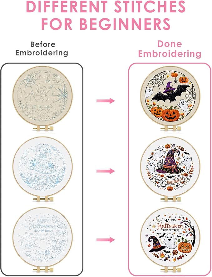 TINDTOP Halloween Embroidery Kit for Adult, 3 Pack Embroidery DIY Starter Kit, with Stamped Patterns, Hoop, Tools, Colorful Threads with Needles, Instructions