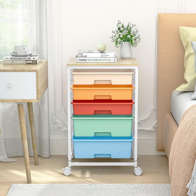 SYKIARIOL Utility Cart with Drawers,5 Drawers Storage Cart,Macaron | 5-Tiers Storage Cart with Drawers with Lockable Wheels for Craft Organizers and Storage,Home Office,Classroom,Dorm,Playroom