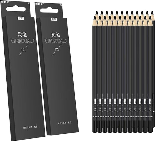 Drawing Charcoal Pencils 24 Piece Set, Pro Art Graphite Sketching&Shading Supplies, Ideal For Kid Beginner Student Adults Artist