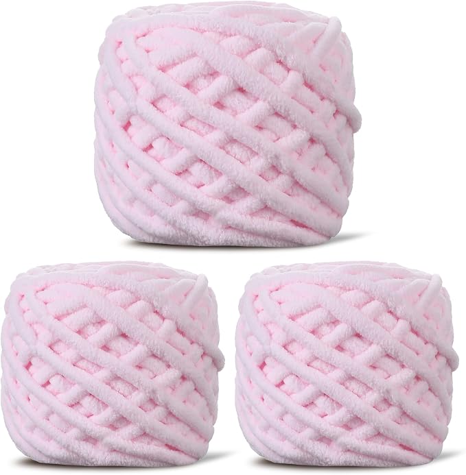 3 Pack Plush Chenille Chunky Yarn for Crocheting 100g(54.6yd) - Bulky Thick Fluffy Yarn for Knitting- Soft Velvet for Baby, Blanket Knitting Blanket Yarns- Amigurumi Yarns (3-Pink)