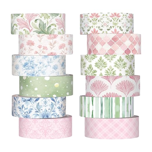 12 Rolls Floral Washi Tape Set,Pink,Blue and Green,Garden | Watercolor Flowers Design for Scrapbook Journal DIY Craft School Supplies, 15 mm Vintage Decorative Masking Washi Tapes