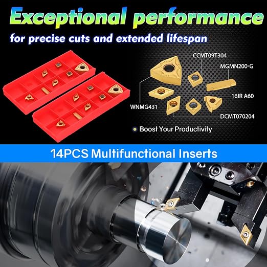 Indexable Lathe Turning Tool 21Pcs Kit 1/2'' 12mm Shank 7Pcs Carbide Turning Tool Holders with 14Pcs Tin Coated Turning Inserts Metal Lathe Tool Holder Set for Turning Grooving Threading Boring