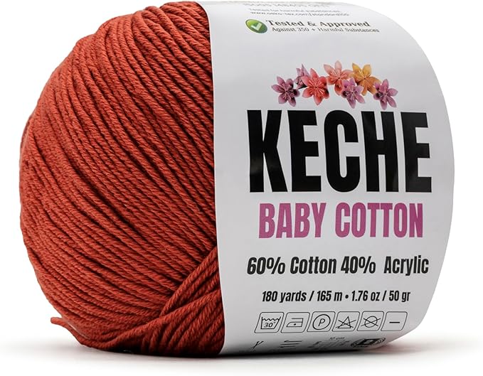 Keche Baby Cotton, 60% Cotton 40% Acrylic Yarn, Soft Cotton Yarn for Crochet and Knitting, Amigurumi Yarn 1 Skein/Ball 1.76 Oz (50g) / 180 Yrds (165m) - Terracotta