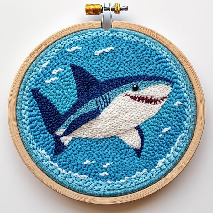 DIY Punch Needle Kits Sea Shark with Hoop 20x20cm-1 | with Pattern Stamped Easy for Beginners Embroidery Punch Needle Starter Craft Set for Adults Festival Gift and Decoration