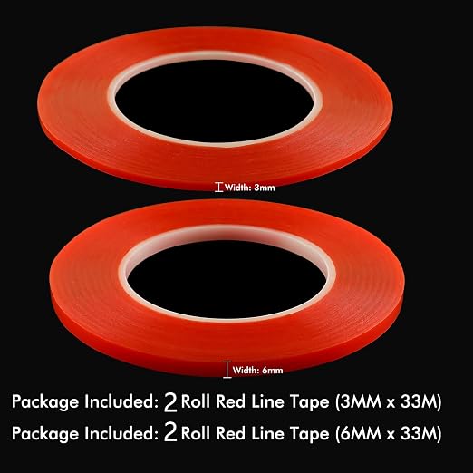BAOFALI 4Pcs Double Sided Red Line Tape；2 Size Heat Resistant Super Sticky AdhesivesPerfect for Adhering Ribbon, Glitter, or Microbeads, Foiling, Making Boxes and Envelopes, DIY Scrapbooking