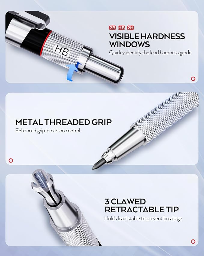 Nicpro 6PCS Art Mechanical Pencil Set | 3PCS Metal Drafting Pencil 0.5 mm & 0.7 mm & 0.9 mm & 3PCS 2mm Graphite Lead Holder (2B HB 2H) For Writing, Sketching Drawing