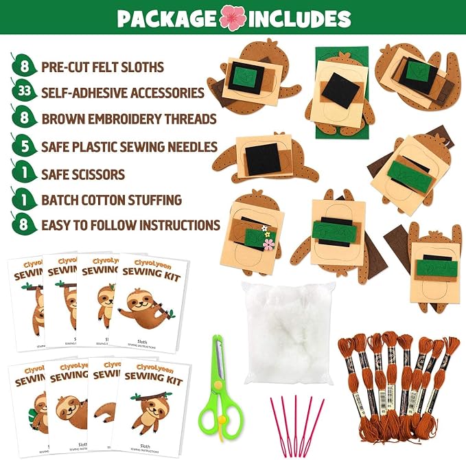 CiyvoLyeen Kids Sewing Kit Crafts – DIY Sloth & Jungle Animal Felt Crafts Sewing Set for Girls & Boys Ages 8–12 Learn to Sew 8 Cute Animal Projects