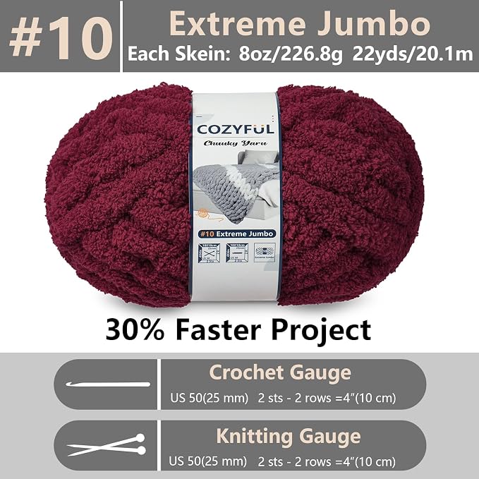 Cozyful Chunky Yarn for Hand Knitting - #10 Chunky Chenille Yarn, Jumbo Big Thick Chunky Yarns for Crocheting, Super Bulky Chunky Knit Blanket Yarns, 8 Skein (22 yds 8 oz Each Skein), Burgundy