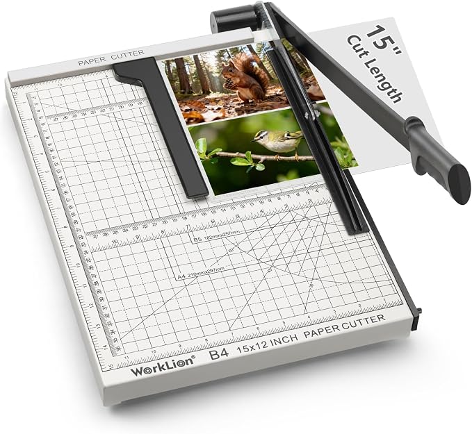 15 inch Guillotine Paper Cutter: Worklion Precision Paper Trimmer with Safety Lock,15 Sheet Capacity, Thickened Metal Based Cutting Board for Crafting Cardstock Photos Laminatedsheets in Class/Office