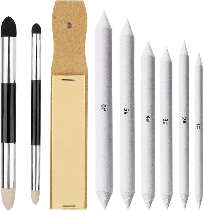 Haojiaho Blending Stump, 9pcs Blending Stumps, Blending Sponge Pens and Sandpaper Pencil Sharpener, Washable & Reusable, Tortillions Paper Art Blenders for Student Artist Charcoal Sketch Drawing