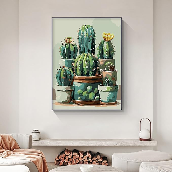Yezavesu Cactus Framed Paint by Numbers Kit for Adults Beginner | With Frame Canvas 12x16 Inch, DIY Acrylic Painting by Numbers Cactus Plant, Stress Relief Craft Kits, Home Wall Decor Gift