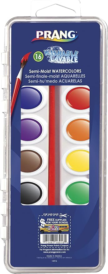 Prang Washable Semi-Moist Watercolors Oval Pan Set with Size 6 Paintbrush, Non-Refillable, 16 Assorted Colors, Pack of 1