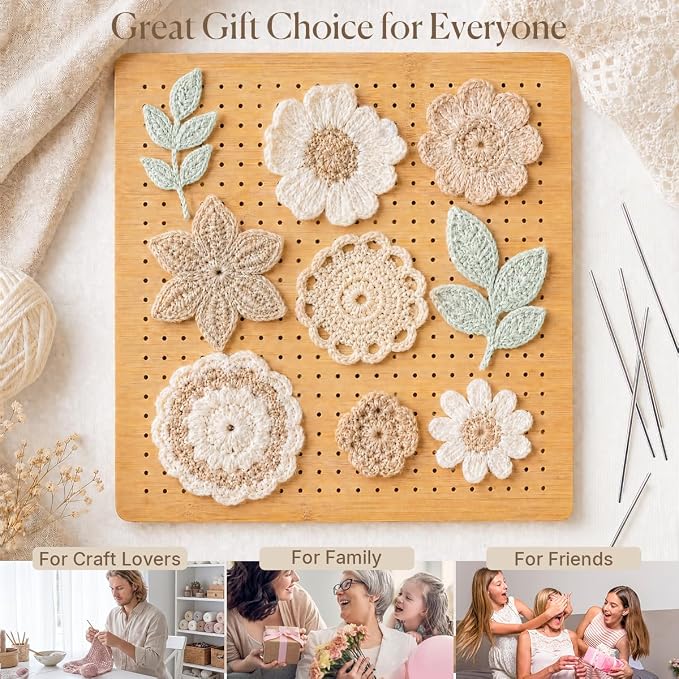 11.8" Double Sided Crochet Blocking Board, Granny Square Blocking Board with 30 Stainless Steel Pegs, Bamboo Blocking Boards for Crochet Projects, Crochet Block Gift for Crocheters