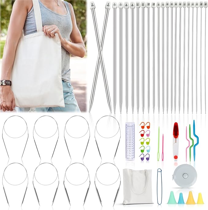 Katech Knitting Needles Set for Beginners, Complete Full Size Knit Needle | 9 Pairs Circular Knitting Needles Set and 22 Pcs Single Pointed Knitting Needle Set with Tote Bag Knitting Accessories