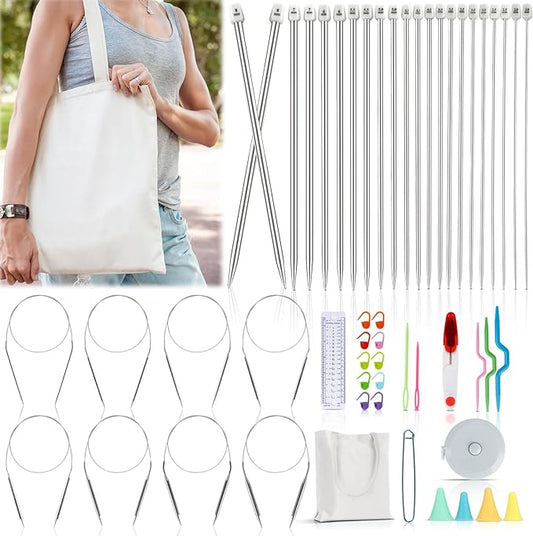 Katech Knitting Needles Set for Beginners, Complete Full Size Knit Needle | 9 Pairs Circular Knitting Needles Set and 22 Pcs Single Pointed Knitting Needle Set with Tote Bag Knitting Accessories