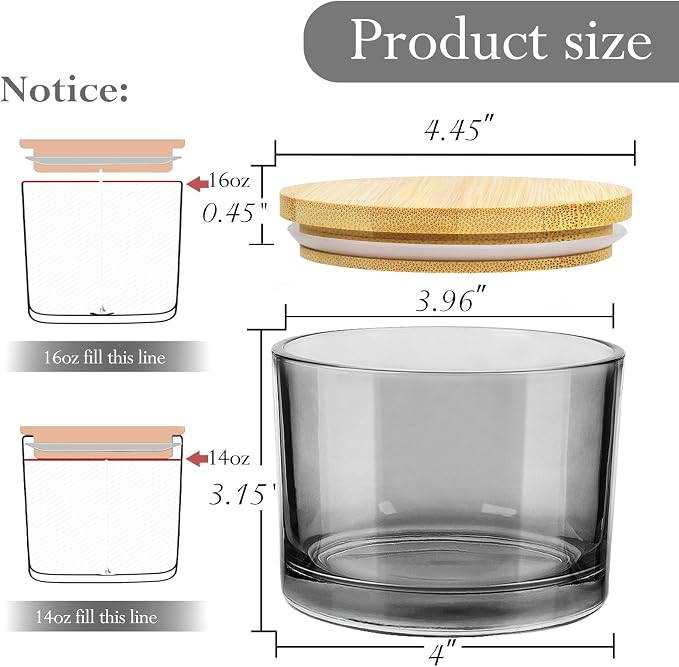CONNOO 6 Pack 16oz Gray Wide Mouth Glass Candle Jars