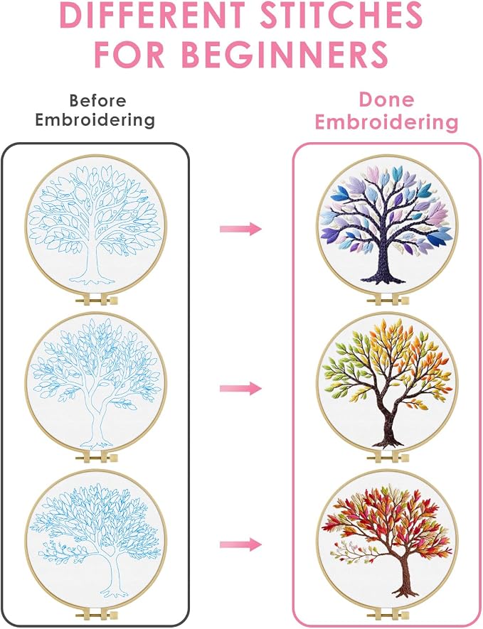 TINDTOP Embroidery Kit for Adult, 3 Pack Embroidery DIY Starter Kit | with Stamped Patterns, Hoop, Tools, Colorful Threads with Needles, Instructions (Color Tree)