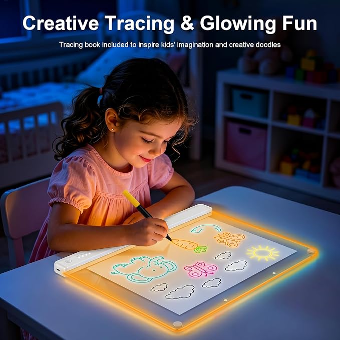 19.7-Inch Rechargeable Doodle Glow LED Note Board,15-Color Light Effects,Neon Light Up Drawing Tablet Up Drawing Pad Dry Erase with Built-in Stand,Gift Toy for Kids/Girls/Teens,7 Markers Tracing Book