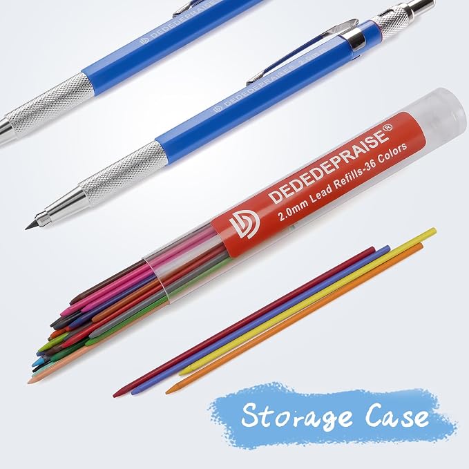 2.0mm Mechanical Pencil Lead 36 pcs with Clip Colorful Graphite Pencil Lead Pencil For Construction, Draft Drawing, Crafting, Art Sketching
