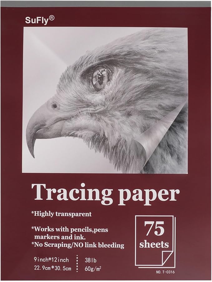 SuFly Tracing Paper for Drawing, 9'' X 12'' Tracing Paper Pad, 75 Sheets | Transparent Vellum Paper for Tracing Pads, 38lb/60gsm Trace Paper Pad for Sketching, Preliminary Drawing, Overlays Images