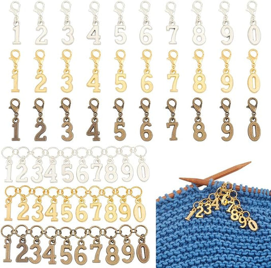 BENECREAT 33Pcs 3 Colors Number Stitch Marker Charms, Number 0-9 Charm Knitting Row Counter Alloy Chain with Clasp Stitch Markers for Knitting Weaving Sewing Accessories